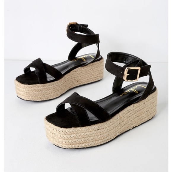 Lulus Shoes - Black Vegan Suede Espadrille Platform Sandals